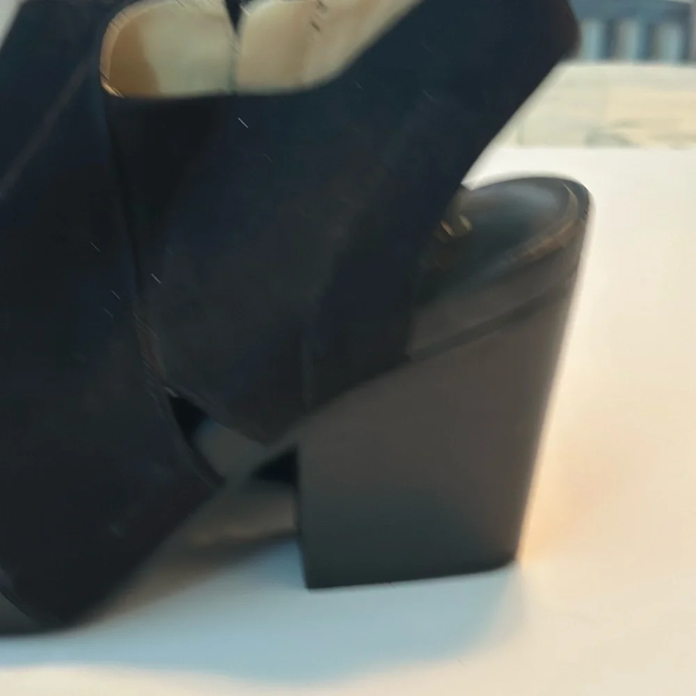 Black Suede Heeled Boots with Open Toe and Sleek Design - Picture 3 of 9